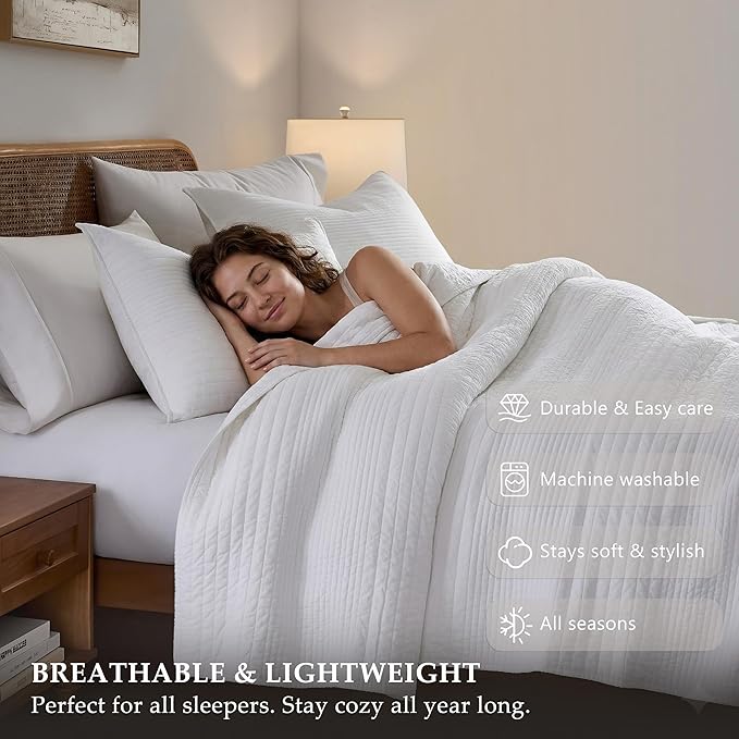 palassio Striped White 100% Cotton Quilt Twin Size Bedding Sets, Lightweight - Image 5