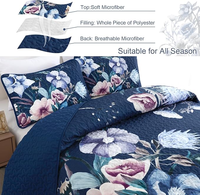 Drucon Blue Floral Quilt Set Queen Size 3 Pieces Blue Botanical Flower Quilt - Image 4