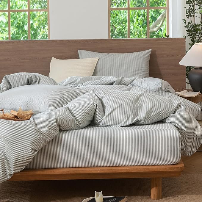 MooMee Striped Duvet Cover Set 100% Washed Cotton Linen Like Textured - Image 4