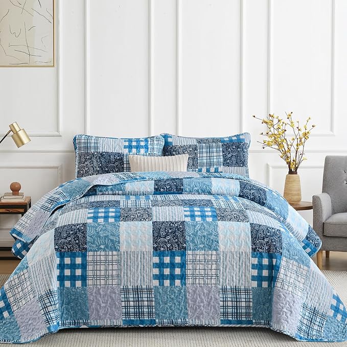 Xruibed Blue Quilt Set King Size 3 Pieces Plaid Floral Boho Bedspread Coverlet by Xruibed