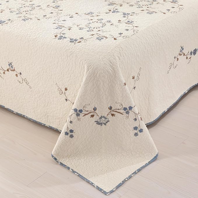 Quilt Set Blue Floral 3D Embroidery Pattern 2 PCS 100% Cotton Reversible - Image 8