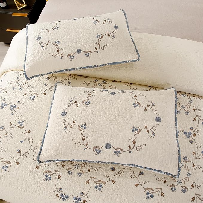 Quilt Set Blue Floral 3D Embroidery Pattern 2 PCS 100% Cotton Reversible - Image 4