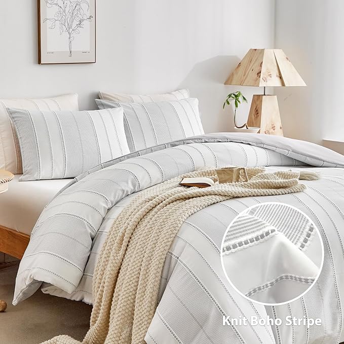 WARMDERN Light Grey Striped Weave Duvet Cover Twin Size, Microfiber Textured - Image 2