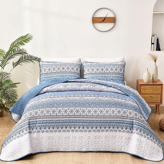 WONGS BEDDING Boho Queen Quilt Set, Light Blue Bohemian Queen Quilt Bedding Set by WONGSBEDDING