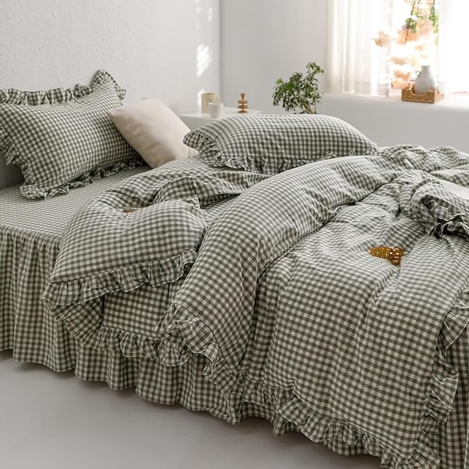 mixinni Green Gingham Ruffle Duvet Cover Twin XL Size 3 Pieces – 100% Washed - Image 2