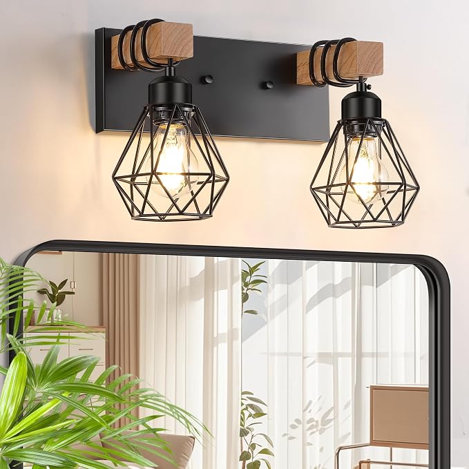 FadimiKoo 2-Light Rustic Style Wood Bathroom Wall Sconce, Farmhouse Vanity by FadimiKoo