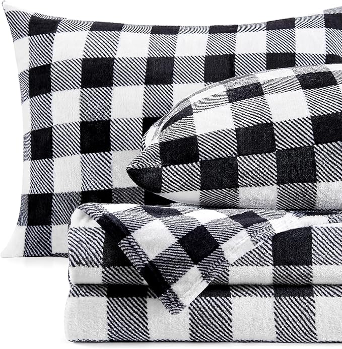 BEDELITE Fleece Sheets Queen Size Bed Set, Luxury Red and Black Plaid Winter by BEDELITE