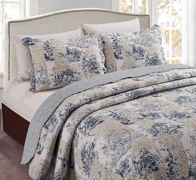 Brilliant Sunshine Blue Toile in Beige and Ivory Patches, 3-Piece Quilt Set - Image 3