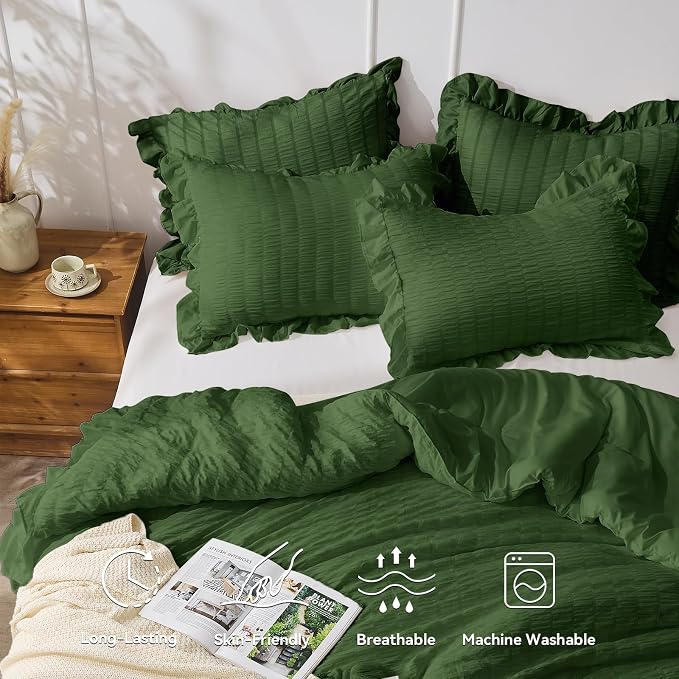 JOLLYVOGUE Dark Green King Comforter Set, 3 Pieces Seersucker Comforters King - Image 3
