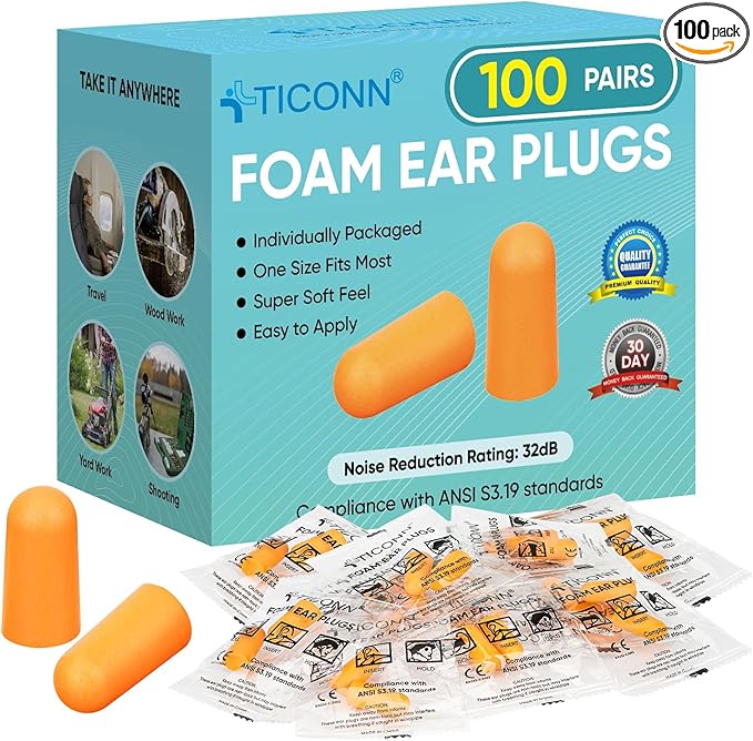 TICONN 100 Pairs Foam Ear Plugs, Individually Wrapped 32dB NRR Noise Reduction by TICONN