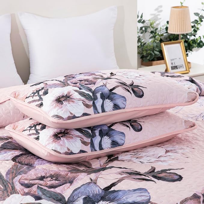 Floral Quilt Set King 3 Pieces Pink Floral Quilt Coverlet Set Soft Microfiber - Image 8