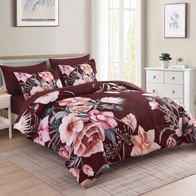 Luxudecor Burgundy Floral Comforter Set King Size 7 Piece, Flower Bed in a Bag - Image 2