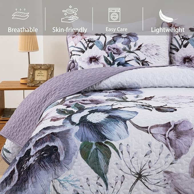 3 Pieces Floral Quilt Set Full Purple Flower Pattern Quilt Coverlet Set Soft - Image 3