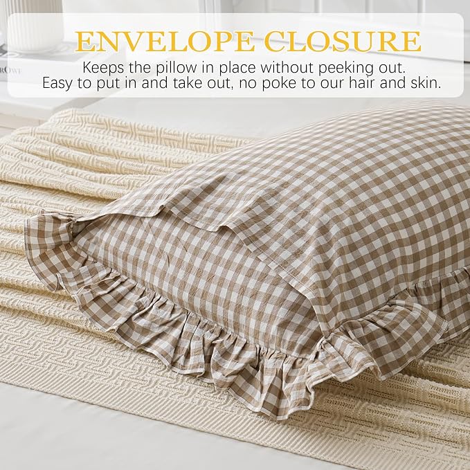 2 Pack Taupe White Plaid Gingham Ruffle Pillow Shams Standard Size 20x26 inches - Image 5