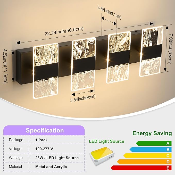 Modern LED Bathroom Light Fixtures Dimmable 4-Light Black Vanity Light - Image 5