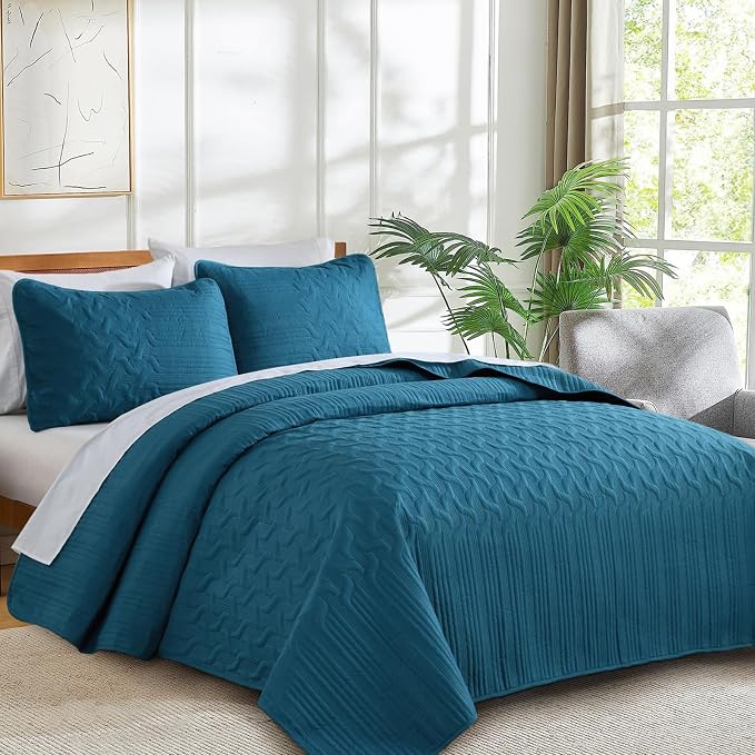 Yiran Teal Blue Quilt Set King Size Lightweight Bedspread Ultrasonic Wave - Image 3