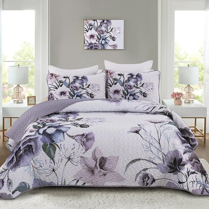 Floral Quilt Set Twin 2 Pieces Boho Purple Floral Quilt Coverlet Set Soft by DRUCON