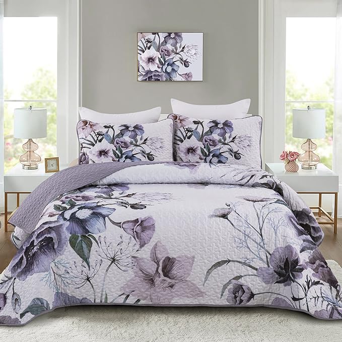 Drucon Purple Floral Quilt Set Queen Size 3 Pieces Purple Botanical Flower by DRUCON
