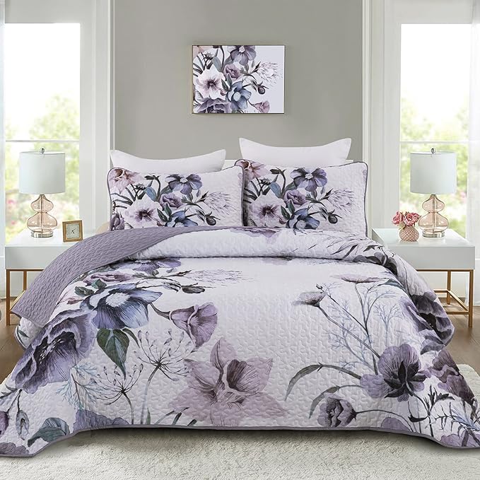 Drucon Purple Floral Quilt Set King Size 3 Pieces Purple Botanical Flower Quilt by DRUCON