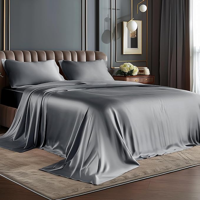 BEDELITE King Size Sheets Set, Luxury Soft Dark Grey Satin Sheets by BEDELITE