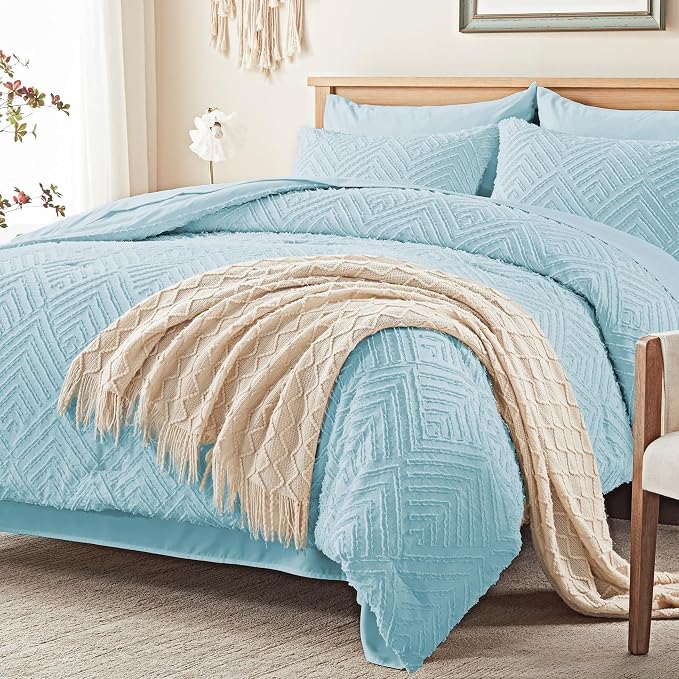 Zzlpp Queen Comforter Set 7 Pieces, Light Blue Tufted Bed in a Bag - Image 2