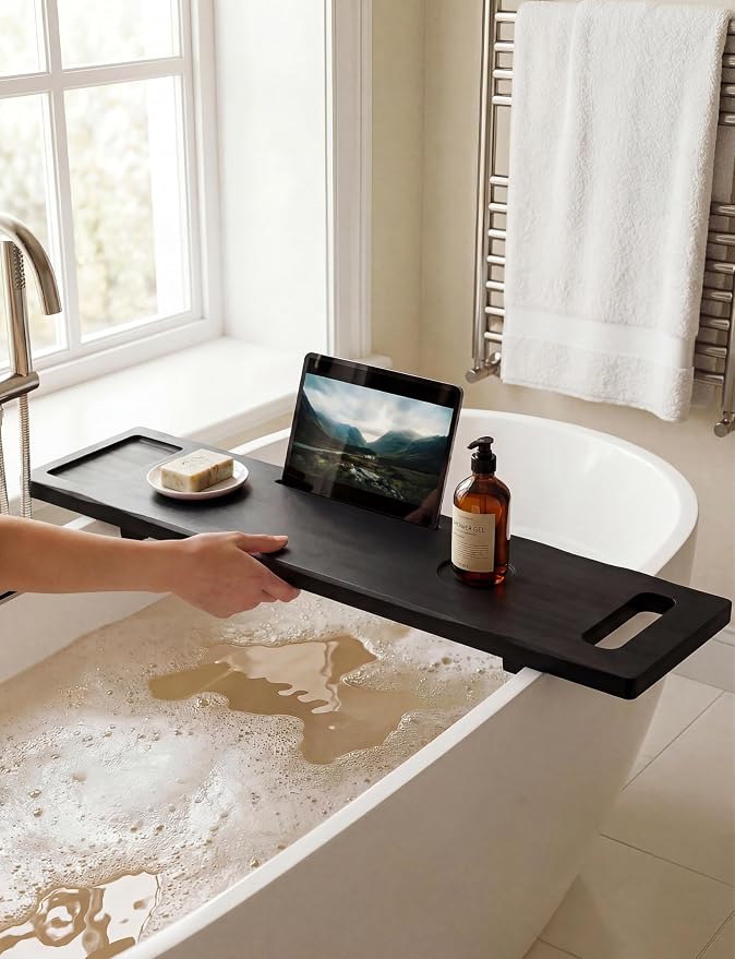 Tinamo Acacia Bathtub Caddy Tray Table | 39x9.8 Inch Large Bath Tub Wooden | - Image 5