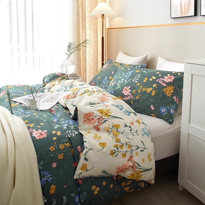 PinkMemory Green and White Floral Duvet Cover King 100% Cotton Reversible Green - Image 5