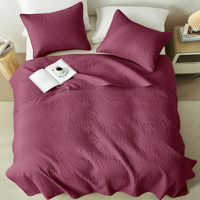 akkialla Burgundy Twin Quilt Set, Ultrasonic Lightweight Bedspread Coverlet - Image 3
