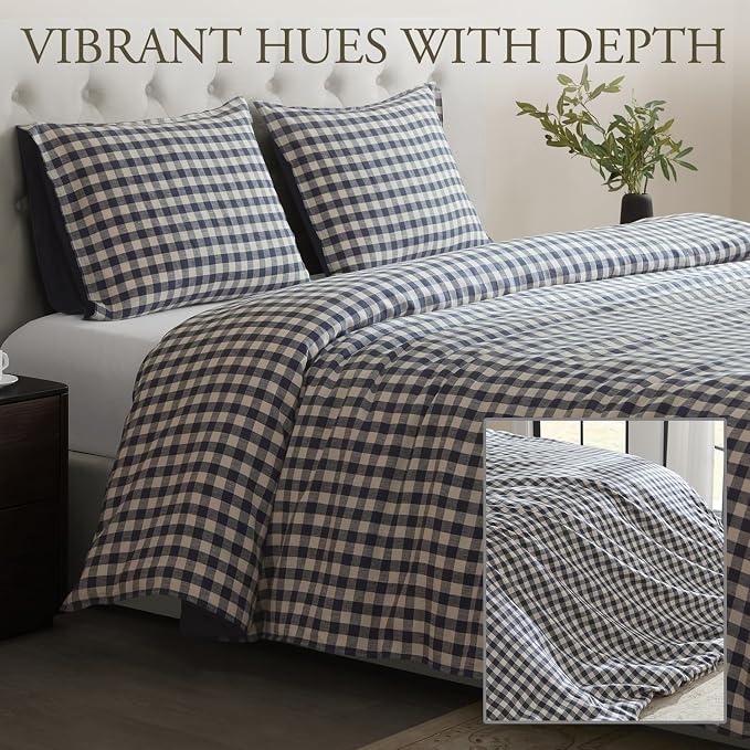 DAPU Linen Duvet Cover King, Yarn Dyed Gingham Check Plaid 100% Washed Linen - Image 3