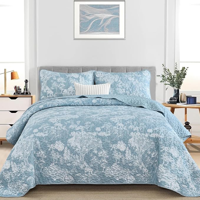WONGS BEDDING Botanical Quilt Set King Size, Aqua 3 Pieces Toile Floral Plants - Image 2