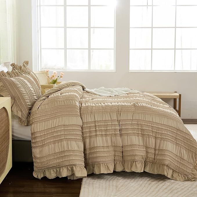 WONGS BEDDING Khaki Comforter Set Queen, 3 Pieces Ruffle Farmhouse Shabby Chic - Image 3