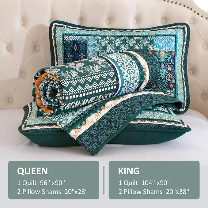 WONGS BEDDING Green Quilt Set Queen Size, 3 Pieces Boho Patchwork Quilt - Image 8