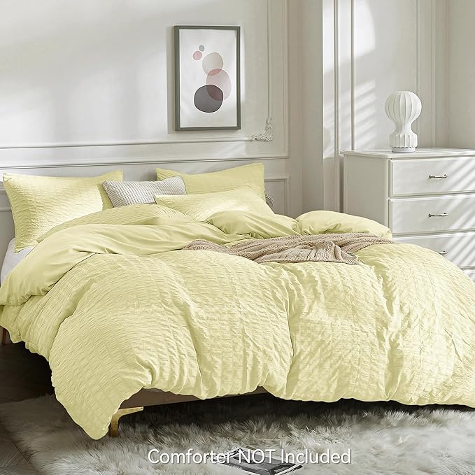 JELLYMONI Light Yellow Duvet Cover Full Size, Soft Breathable Seersucker Duvet - Image 3