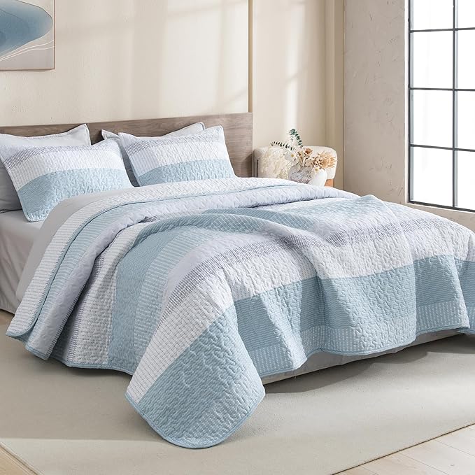 Litanika Quilt Queen Size Spa Blue, Stripe Patchwork Summer Bedspread Coverlet by Litanika