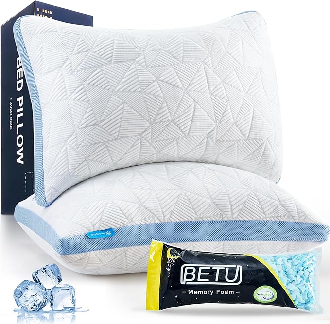 BETU Cooling Pillows Queen Size Set of 2, Shredded Memory Foam Cool Pillows by BETU