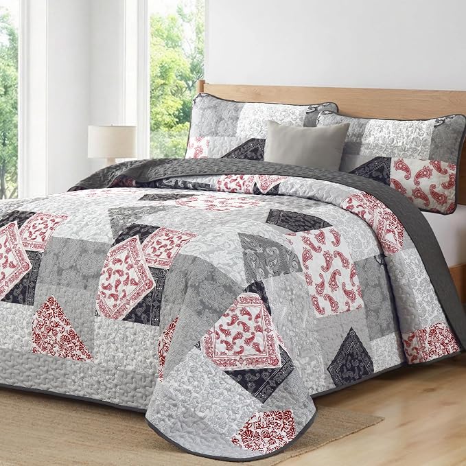 Mybedsoul Grey Red Patchwork Queen Size Quilt, Soft Paisley Floral Bedspreads - Image 2
