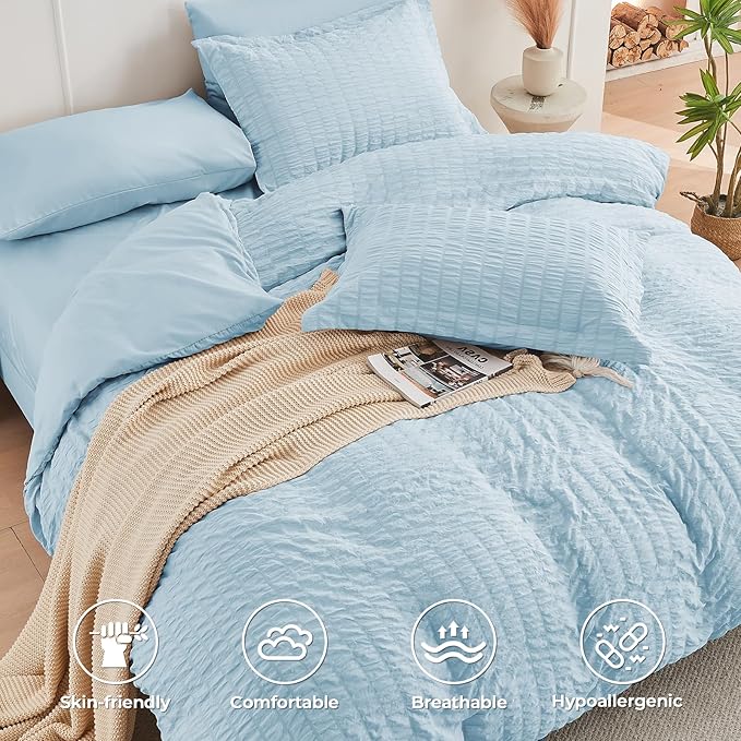 HYMOKEGE Lake Blue Duvet Cover King Size, Ultra Soft 3-Piece Seersucker Duvet - Image 2