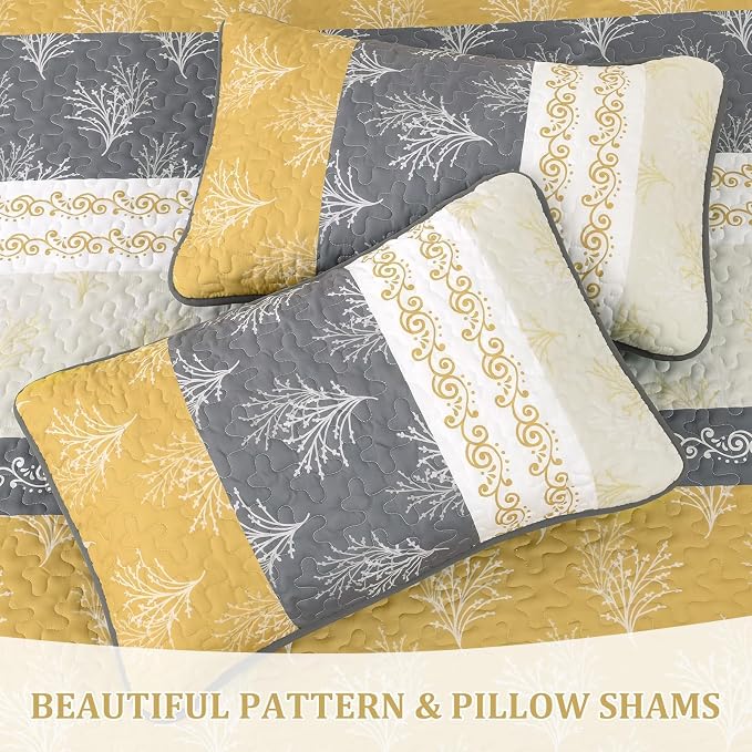 DJY Yellow Boho Quilt Set Queen Size, Striped Floral Yellow and Grey Bedspread - Image 7