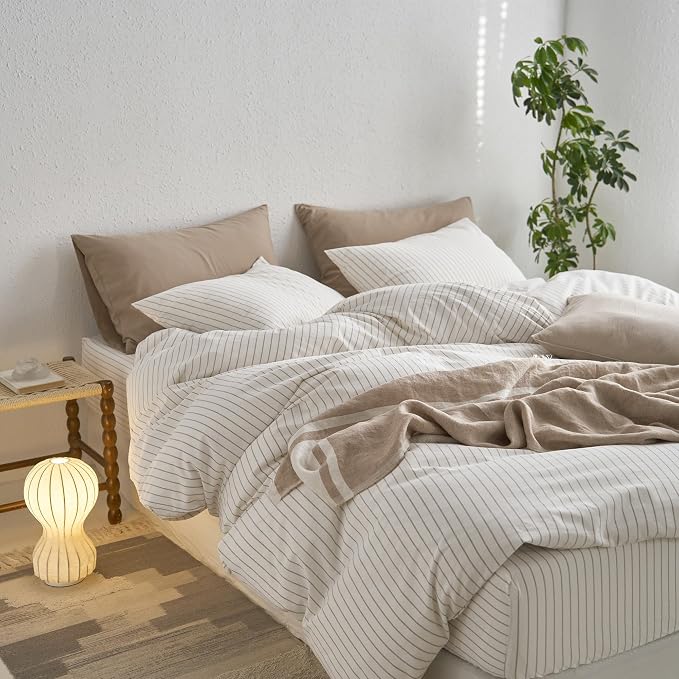MooMee Striped Duvet Cover Set 100% Washed Cotton Linen Like Textured - Image 4