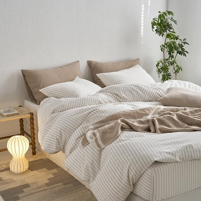 MooMee Striped Duvet Cover Set 100% Washed Cotton Linen Like Textured - Image 4