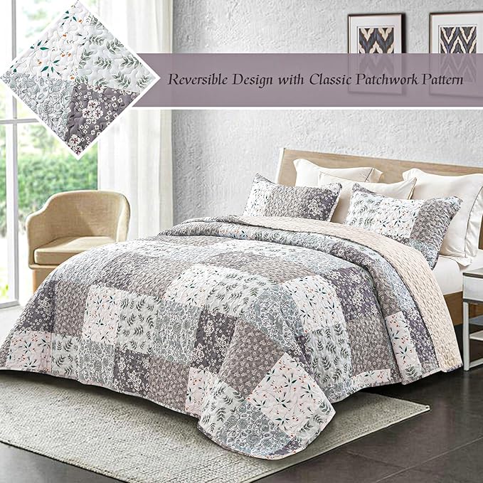 Whale Flotilla Patchwork Quilt King Size, Extra Soft Boho Floral Bedspreads - Image 2