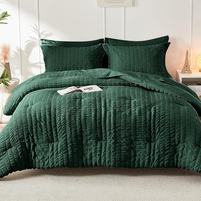 HYMOKEGE Emerald Green Full Size Comforter Sets Seersucker 7 Pieces, All Season - Image 9