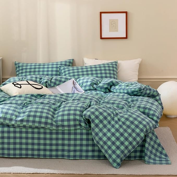 mixinni Green Gingham Grid Duvet Cover King, 100% Washed Cotton Modern - Image 2