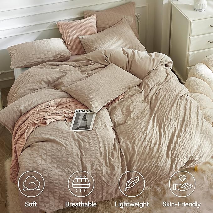 JELLYMONI Khaki Duvet Cover Queen Size, Soft Breathable Seersucker Duvet Cover - Image 2