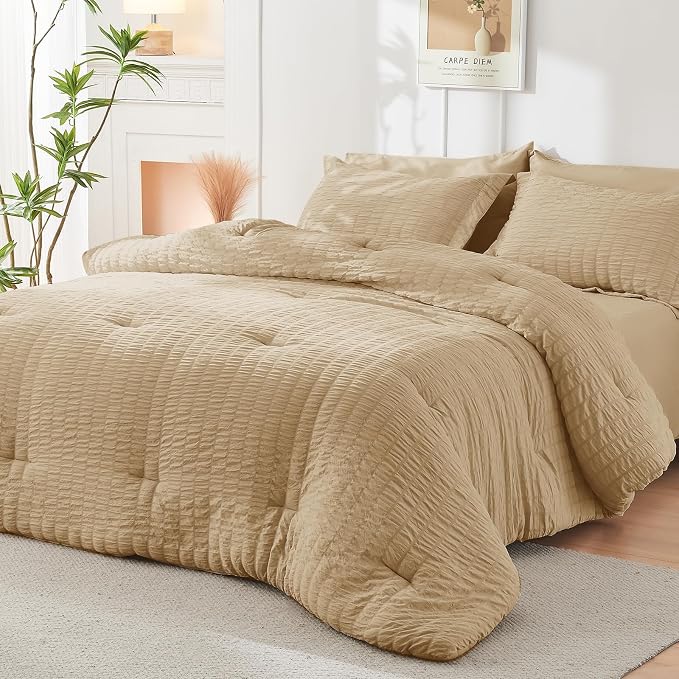 HYMOKEGE Khaki Queen Comforter Set Seersucker 7 Pieces, All Season Luxury Bed - Image 8