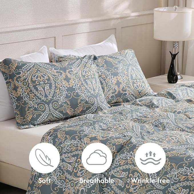 LONAVA Queen Paisley 3 Pcs Duvet Cover Set, Breathable Soft Microfiber Grey - Image 3