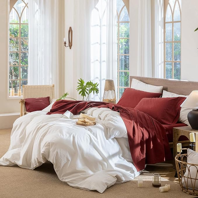 MooMee Fitted Bottom Sheet Only 100% Washed Cotton Linen Like Textured - Image 6