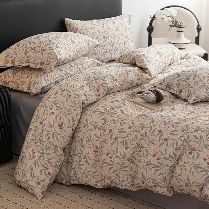 mixinni Cotton Linen Floral Duvet Cover Set, Vintage Botanical Print Comforter - Image 2