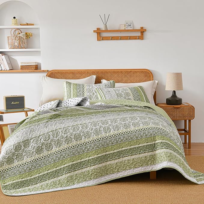 WONGS BEDDING Boho Quilt Set Queen Size, Sage Green Bohemian 3 Pieces Quilt Sets - Image 5