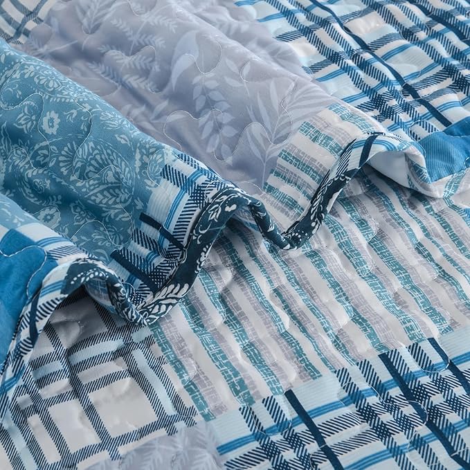 Xruibed Blue Quilt Set King Size 3 Pieces Plaid Floral Boho Bedspread Coverlet - Image 7